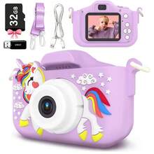 儿童相机带 32GB 卡，1080P 高清数码摄像机，适合 3-9 岁女孩男孩，圣诞节生日礼物，独角兽卡通自拍摄像机玩具，适合幼儿
