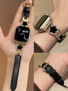 1件新款女款三葉草金屬錶帶，黑色，兼容 38/40/41/42/44/45/46/49mm、SE 系列 Ultra 11/10/9/8/7/6/5/4/3/2/1，佩戴舒適，耐用材質，智慧手錶配件，女款配件，金色 Apple 手鍊錶帶，女性禮物，女款三葉草錶帶 - 金色 - 查看 3