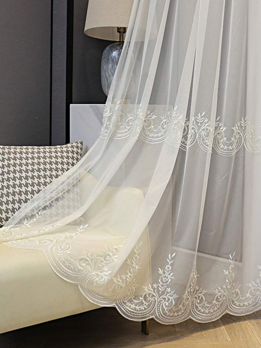 1pc White Luxury Beaded Embroidered Sheer Curtain, Translucent, Suitable For Living Room, Bedroom, Balcony, Office, Home Decor, All Seasons - White - View 1