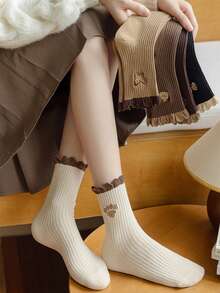 5 Pairs Butterfly Lace Trim Mid-Calf Socks For Women, Fashionable & Versatile - Multicolor - View 4