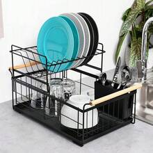 ⭐ PREMIUM 2-TIER DISH RACK – RUST-RESISTANT METAL WITH WOODEN HANDLES ⭐ This Premium 2-Tier Dish Rack Features A Modern, Compact Design, Crafted From Rust-Resistant Metal With Elegant Wooden Handles. Available In Black, White, And Gray, It Offers Ample Storage For Plates, Bowls, Glasses, And Utensils. Ideal For Keeping Your Countertop Organized, It Includes A Removable Drip Tray, Double Utensil Holder, And A Non-Slip Base. This Dish Rack Combines Durability, Functionality, And Aesthetic Appeal. Use It As A Dish Drainer, Kitchen Organizer, Or Dish Rack To Keep Your Sink Area Clean And Clutter-Free. - màu đen - Xem 2