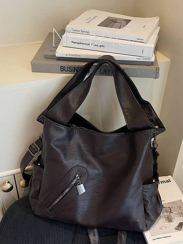 1pc Women's Retro Large Capacity Tote Bag, Versatile PU Shoulder & Crossbody Bag, Suitable For Work Commute