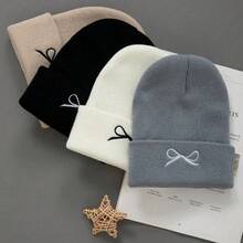 1 Pc Embroidered Bow Beanie Hat, 3D Bowknot Design, Soft Knit Warm Skull Caps For Winter, Unisex, Black & White Set - Multicolor - View 9