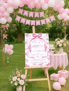一套定制粉色蝴蝶结生日欢迎牌（含粉色水彩笔），粉色蝴蝶结设计个性化PVC户外花园入口装饰，个性化画板设计，适用于生日派对入口装饰，粉色蝴蝶结一周岁生日欢迎牌，完美适用于公主主题派对、生日装饰 - 蝴蝶結主題 - 查看 2