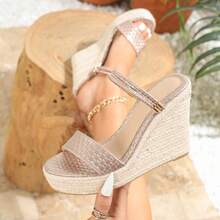 女士春夏新款沙滩度假休闲时尚防滑舒适圆头高跟坡跟绳厚底凉鞋 - 香檳色 - 查看 7