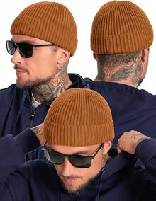 Fleece Lined Wool Fisherman Beanie Men Women, Thermal Skull Cap Winter Hats, Cold Weather Warm Knit Cuffed Cap - Lạc đà - Xem 5