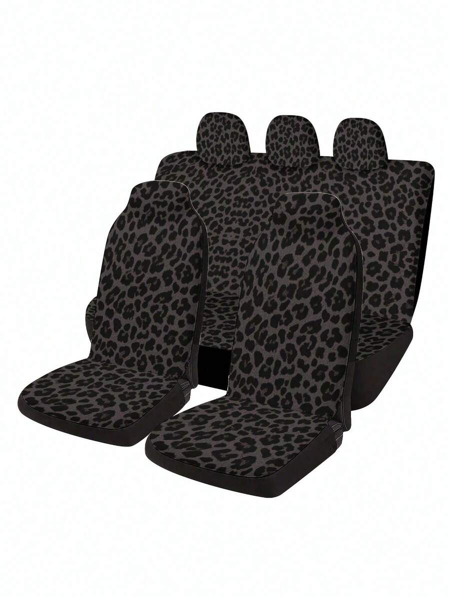 5pcs/Set Black Leopard Print Car Seat Covers For 5-Seat Vehicle, Car Interior Seat Decoration Protective Covers, Christmas & Halloween Gift