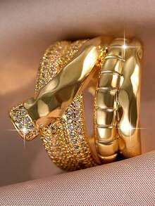 1枚复古风格镀金钉扣大戒指，中东梦幻立方氧化锆情侣戒指，适合订婚、结婚、圣诞礼物、宴会、舞会、派对配饰 - 金黃色 - 查看 10