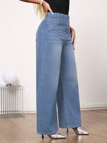 Women's Mid Rise Vintage Wide Leg Denim Jeans - Non-Stretchy Elegant For Home Leisure - Light Wash - View 4