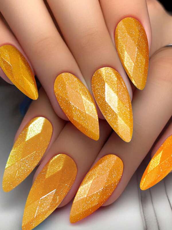 Adesivos de unhas de comprimento médio em formato amendoado com estampa, design de diamante 3D, unhas postiças douradas brilhantes estilo olho de gato, unhas acrílicas coloridas para mulheres, conjunto com 24 peças