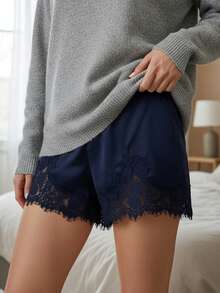 Women Satin Silk Shorts Lace Trim Patchwork Mini Micro Shorts Silky Elastic Waist High Rise Coquette Lounge Slip Bottoms Y2k Summer Wide Leg Lounge Shorts For Streetwear - Màu xanh lam - Xem 3