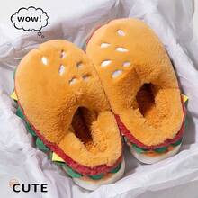 1pc 2025 New Autumn/Winter Funny Home Thermal Slippers, Couple Cute Hamburger Fully Covered Plush Warm Shoes For Men & Women