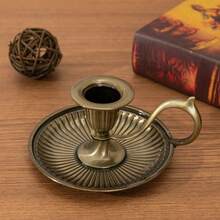 Vintage Neo-Classical Antique Bronze Candlestick | Curved Handle * Radiant Tray Designed To "Catch Wax Drips", Aged Bronze Texture With Patina, Radiant Lines On The Body Like Solidified Sunlight, Elegant Curved Handle - Multicolor - View 8