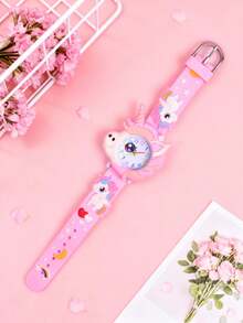 Jam Tangan Anak Perempuan 3D dengan Tali Silikon Lembut Motif Kartun Kupu-kupu dan Unicorn, Jam Tangan Quartz dengan Pola Kupu-kupu Unik - Berwarna merah muda - View 7