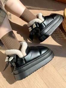 1 Pair Teenage EVA Thermal-Lined Bow Design Anti-Slip Thick Sole Casual Snow Boots, Suitable For Autumn/Winter - Black - View 3