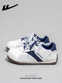 1 Pair WARRIOR Women's Thick Sole Lace-Up Soft Bottom Casual Shoes, Low-Top Outdoor Flat Shoes, Round Toe Low Heel Non-Slip Solid Color Elegant Soft Bottom Hiking Shoes, Suitable For Students, Graduation Photos, Flat Shoes, Women Leather Skate Sneakers - Beige/Gray/Dark Blue - View 2