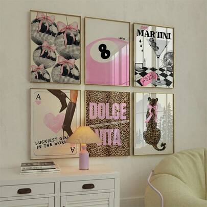 1 Stück ungerahmtes elegantes, im Vintage-Stil gehaltenes rosa Wandbild mit mädchenhaftem, modischem Leopardenmuster, perfekt für die Schlafzimmerdekoration. Auch als Disco-Stil Glückskugel Poster geeignet.