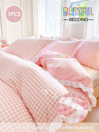 3pcs Floral Lace, Solid Color Plaid, Striped, Bow, Heart, Star Element, Fresh And Soft Bedding Set Combination. Set Includes: 1pc Floral Lace Duvet Cover + 2pcs Floral Lace Pillowcases (Without Comforter And Pillows). Hidden Zipper, 4 Corner Ties. Suitable For Bedroom, Dorm, Travel Hotel Stay, All Seasons.