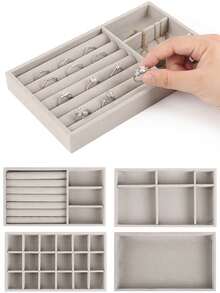 4-Pack Velvet Jewelry Display Trays Stackable Jewelry Storage Inserts Set Showcase Display Organizer For Ring Earring Necklace Pendants Bracelet - 灰色 - 查看 3