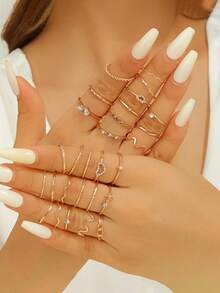 28PCS European And American Rings, Simple And Fashionable Diamond Love Geometric Finger Ring Set Gold Geometric Joint Ring