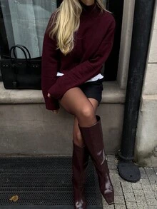 Seelio Autumn/Winter New Women's Fashion Minimalist Soft All-Match High Neck Long Sleeve Knit Sweater - Burgundy - View 7