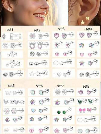 5 par/set Unisex CZ örhängen för känsliga öron 20g /0.8mm platt rygg broskörhängen Tragus Piercingsmycken för örsnibben Broskpiercing 316L rostfritt stål sömnöra