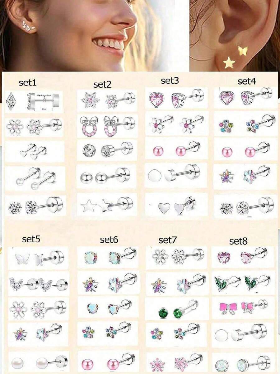 5 Cặp/Bộ Bông Tai Đinh CZ Unisex Cho Tai Nhạy Cảm 20g/0.8mm Bông Tai Sụn Phẳng Phía Sau Tragus Trang Sức Xỏ Khuyên Cho Dái Tai Xỏ Khuyên Sụn Tai Bằng Thép Không Gỉ 316L - sụn tai - Xem 1