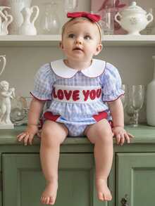 Mono de San Valentín para niña con parches de corazón rojo, bordado de letras, mangas abullonadas, cuello de muñeca, mono a cuadros con diadema de lazo - Azul - Ver 4