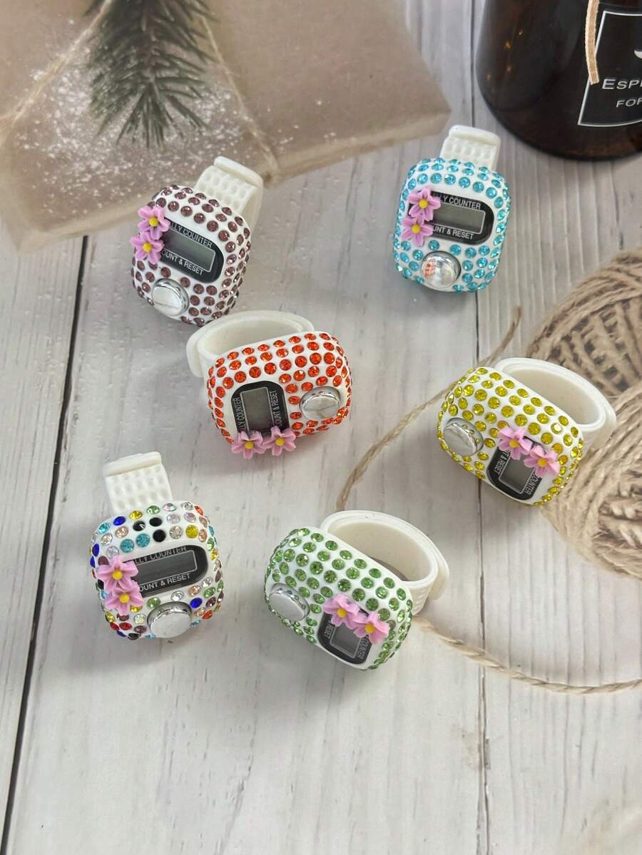 1个/6个/12个/24个装水钻花朵指环计数器,彩色水晶电子数字显示计数戒指,手动机械式人流/交通流量计数器,跑步运动圈数计数器,减压按钮计数器,祈祷/礼拜计数器 - 彩色 - 查看 1