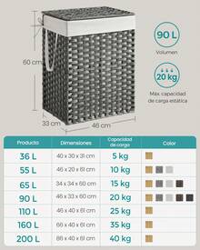 SONGMICS Cesta de Almacenamiento, Cesta de Lavandería de 90 L con Tapa, Plegable, Bolsas de Tela Extraíbles y Asas, para Mantas, Ropa, Salón, Dormitorio, Lavadería, Gris - Gris - Ver 7