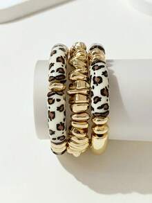 Set de 3 piezas Pulsera vintage bohemia de múltiples capas con estampado de leopardo y cuentas de acrílico, de lujo y alta gama para mujeres, parejas, fiestas y uso diario
