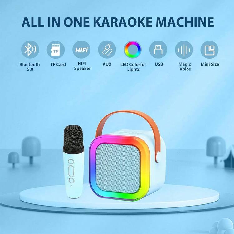 迷你卡拉OK机，适合青少年和成人，便携式卡拉OK机，配有2个无线麦克风和LED灯，适用于派对、家庭，是生日和节日的完美礼物。 - 升級款 - 查看 4