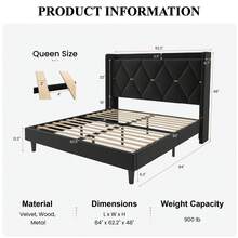 SHA CERLIN Full/Queen/King Velvet Upholstered Bed Frame With Charging Station, Modern Wingback Storage Headboard, Diamond Stitched & Gold Trim, No Box Spring Needed, Easy Assembly, Black - 黑色 - 查看 10