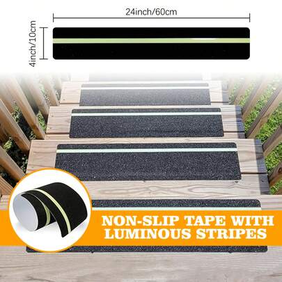 Luminous Anti-Slip Stair Treads - High-Grip Anti-Slip Tape, 4 Inches X 24 Inches (Black With Green Edges), Self-Adhesive Indoor/Outdoor Step Stickers Suitable For Winter, Rainy/Snowy Days, Skateboards And Stairs - Easy To Install, Step Pads