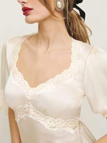 Womens Summer Satin Tops Lace Patchwork Short Puff Sleeves V-Neck Blouse With Adjustable Ribbon Ties - 香檳色 - 查看 6