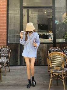 2025 新款宽松蓝色衬衫女，独特设计夹克衬衫，春秋季分层长袖上衣