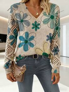 Women'S Bohemian V-Neck Long Sleeve Tunic Top - All-Over Floral Print In Burgundy/Pink/Golden/Brown Tones, Soft -Like Texture, Elegant Pullover For Fall/Winter Casual & Semi-Formal Wear, Layering Essential For Streetwear & Boho Style - Màu xanh lam - Xem 4