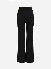 VIVINA 女士纯色口袋工装高腰休闲百搭简约设计长裤，秋冬款，黑色 - 黑色 - 查看 2