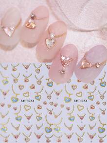 2片浪漫项链造型美甲贴纸，闪亮亮片爱心3D自粘美甲贴花，金属粉蓝爱心美甲DIY装饰，适合女性、女孩，情人节和婚礼美甲设计用品 - 彩色 - 查看 1