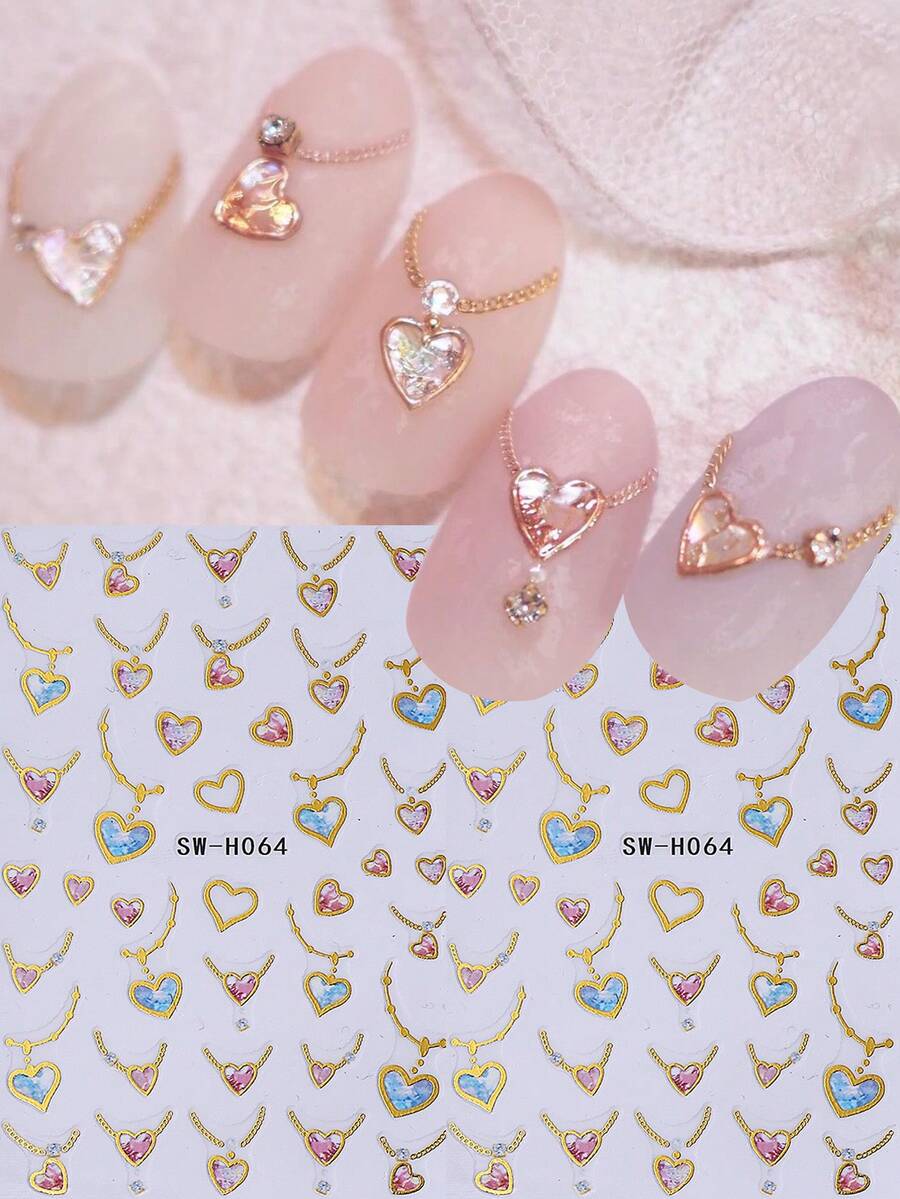 2片浪漫项链造型美甲贴纸，闪亮亮片爱心3D自粘美甲贴花，金属粉蓝爱心美甲DIY装饰，适合女性、女孩，情人节和婚礼美甲设计用品 - 彩色 - 查看 1
