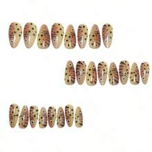 24-Piece Fake Nails Press On - Fish-Shaped Cat Eye Gold-Brown Style, 2025  Euro-American Chic Metallic Shimmer, Reusable Glueless Full Cover With Jelly Glue & Nail File, Glossy Chocolate Brown Aesthetic For Party, Date & Daily Wear - Women Girls DIY Fashion Manicure - 黃色 - 查看 6