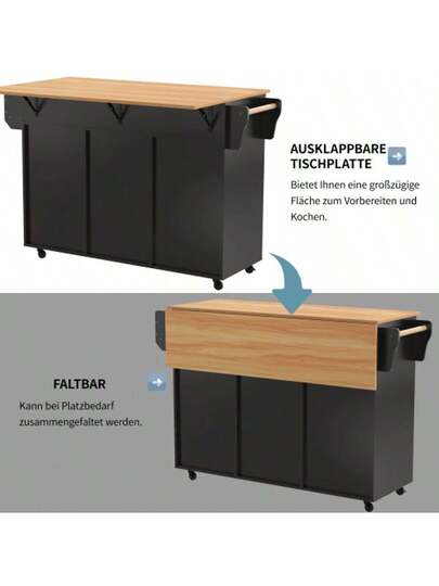 139x46(71)X91.5cm Dining Trolley/Sideboard, Zwart Body Solid Wood Grain Worktop, Fold Down Storage Door, Casters, Replaceable Feet, Room, Kitchen. Serving Trolley/Side Cabinet, Grijs Veneer The Wit Marble ation Cabinet/Fold Worktop/Storage Doors/R view 2