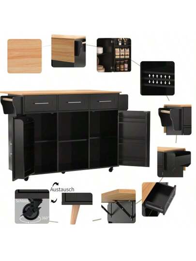 139x46(71)X91.5cm Dining Trolley/Sideboard, Zwart Body Solid Wood Grain Worktop, Fold Down Storage Door, Casters, Replaceable Feet, Room, Kitchen. Serving Trolley/Side Cabinet, Grijs Veneer The Wit Marble ation Cabinet/Fold Worktop/Storage Doors/R view 5