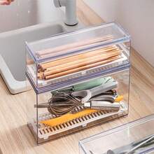 TFKI Large Transparent Flatware Tray Kitchen Drawer Organizer With Lid And Drainer - Plastic Kitchen Cutlery Tray And Utensil Storage Container With Cover - Dust-Proof Dinnerware Holder - 大型透明 - 查看 3