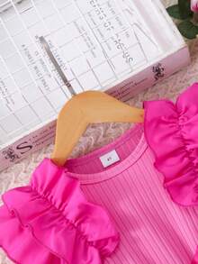 女童长袖圆领荷叶边罗纹撞色网纱连衣裙，甜美可爱，适合秋冬季节穿着。 - 玫紅色 - 查看 3