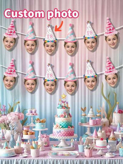 7/14/21pcs Customized Birthday Hat Banners, Personalized Photo Banners With Custom Name And Age, Balloon Style Party Decorations, Vinyl Backdrop For Bachelorette Party