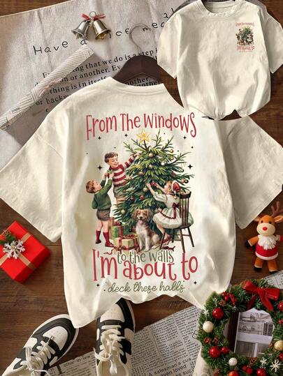 Camiseta gráfica "Estoy a punto de decorar estos pasillos", ropa de Navidad divertida vintage para mujeres, camiseta de cuello redondo de manga corta informal