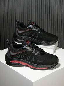 2026 New Men's Shoes: Black And Red Color - Block Mesh Sneakers, Breathable And Comfortable Men's Casual Shoes, Street - Style Versatile Outdoor Walking Shoes - 黑色 - 查看 7
