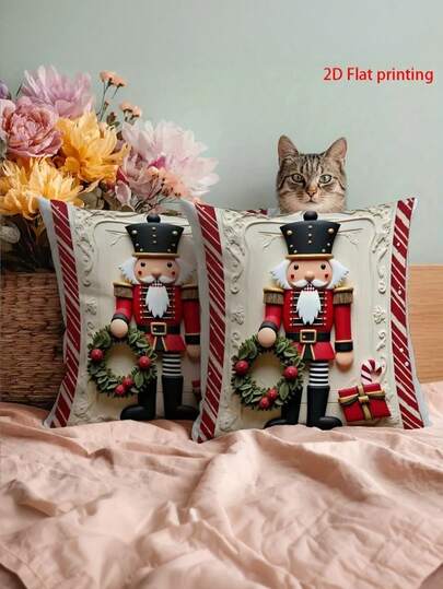 1/2/4 piezas Fundas de almohada cuadradas grandes de Navidad con cascanueces y coronas - Diseño tradicional alemán inspirado en rojo y blanco con ribete dorado, cierre de cremallera, funda de cojín decorativa lavable a máquina para sofá, cama, sala de estar y dormitorio (17.72x17.72 pulgadas) - Decoraciones festivas navideñas para el hogar, impresión plana 2D con soldados cascanueces y patrón de corona, perfecto para Navidad y Año Nuevo