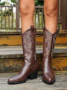 2025 New Brown Cowboy Boots For Women, Knee-High Travel & Party Wear V-Cut Slip-On Mid-Calf Boots, Autumn/Winter - Coffee Brown - View 5